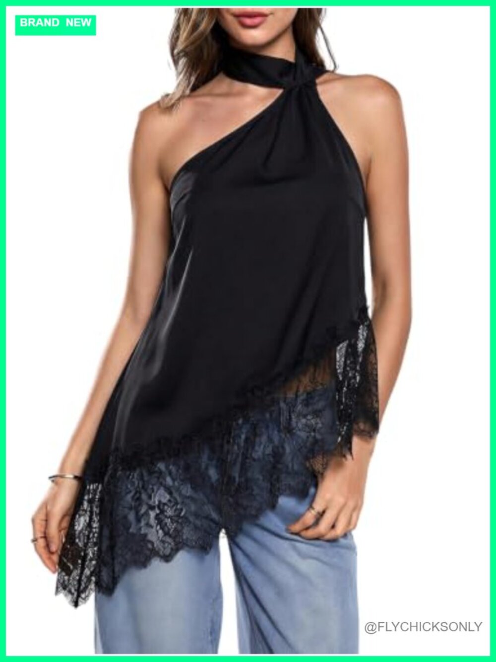 Women's Lace Asymmetrical Halter Top Flowy Satin Sleeveless Blouse